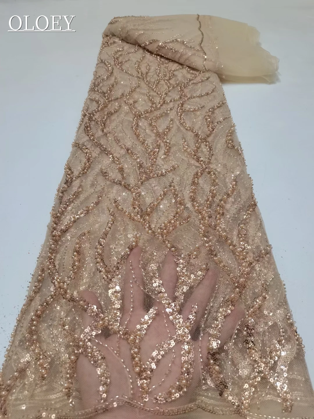 

Latest Hot Sales Luxury Elegant Embroidery African Sequins lace With Lots Bead Fabric For Wedding Party Dress