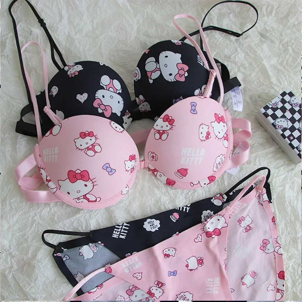 

Sanrio Kawaii Hello Kitty Women Underwear Set Anime Cotton Small Breasts Front Buckle Bra Underpants Student Sweet Girl Gift