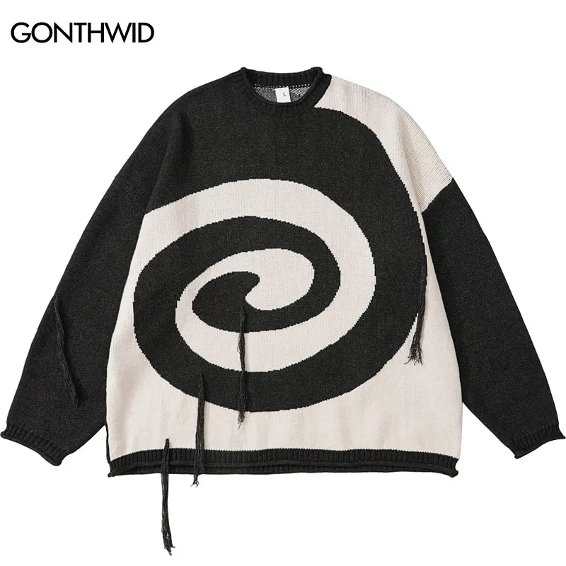 

Hip Hop Sweater Streetwear Harajuku Knitted Whirlpool Pullover Jumpers Men Autumn Winter Fashion Casual Loose Sweaters Couples