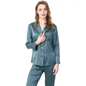 Women Long-sleeved Ice Silk Cool Pajamas Set 100% Silk Loose Leisure Breathable Sleepwear Suit Stret in Pakistan