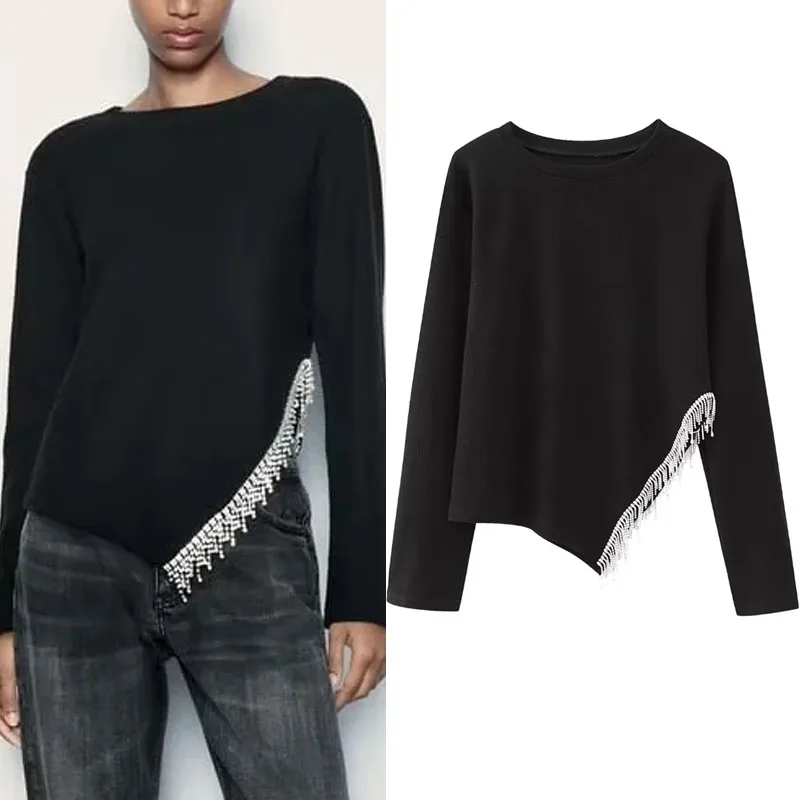 

TRAF Party Soft Shimmer Shirt For Woman Autumn Fashion Round Neck Long Sleeves T-Shirt Spring Rhinestones Asymmetrical Hem Tops