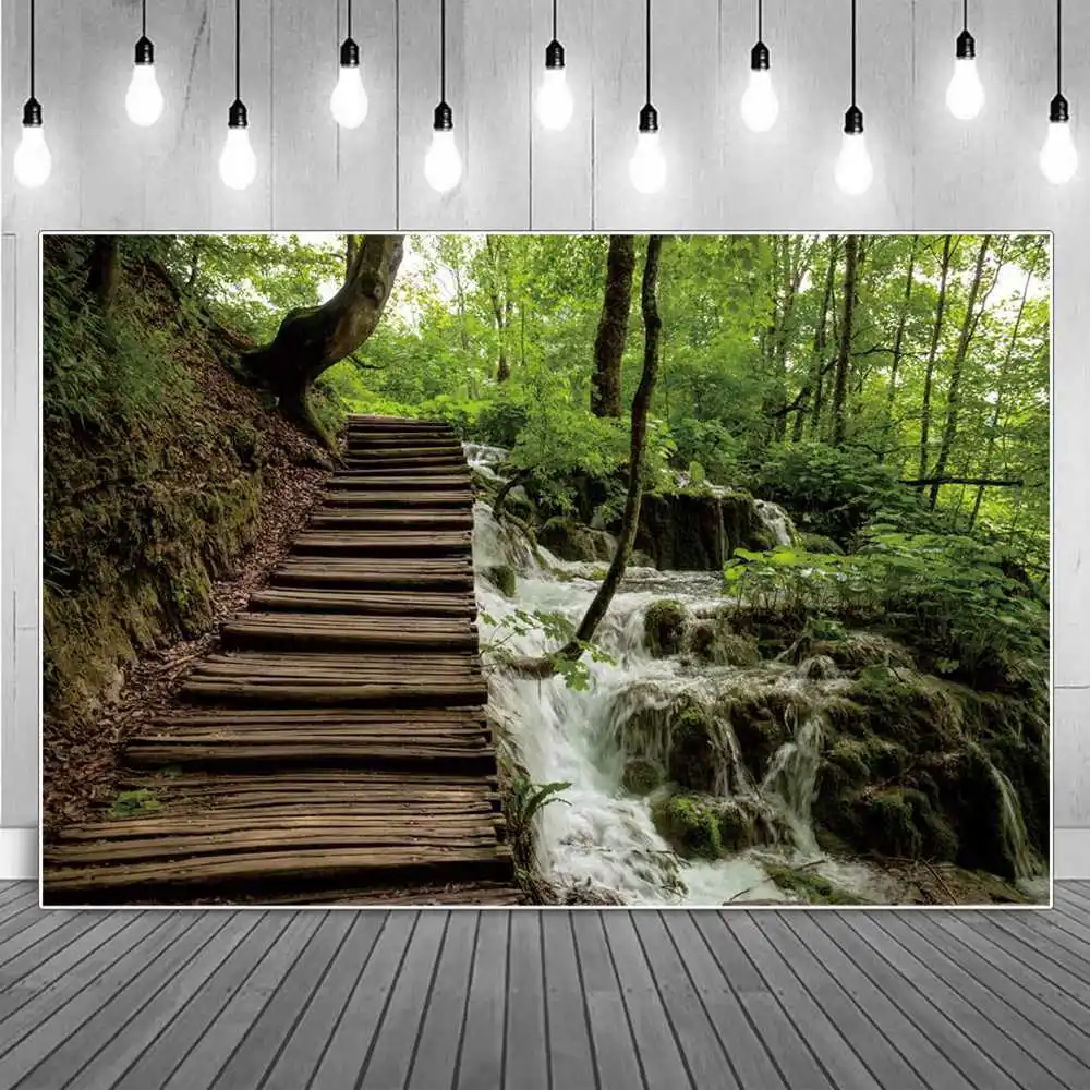 

Mountain Climbing Stream Photography Backdrop Forest Waterfall Wooden Stairway Road Children Holiday Decoration Photo Background
