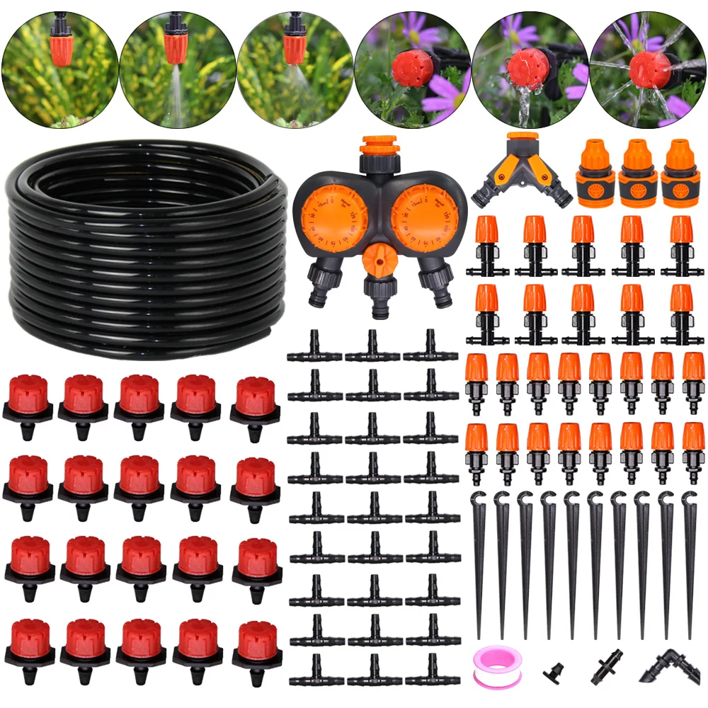 Orange Misting Cooling Garden Watering System Timer Irrigation Drip Kits 4/7mm Hose Automatic Spray for Plant Adjustable Nozzles