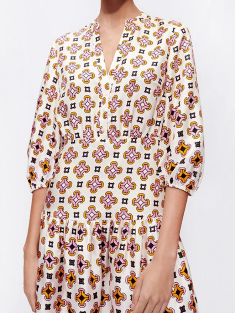 

2022 Spring and Summer New Maj V-neck Geometric Printing Ruffled Waist Mid Sleeve Women Mini Dress