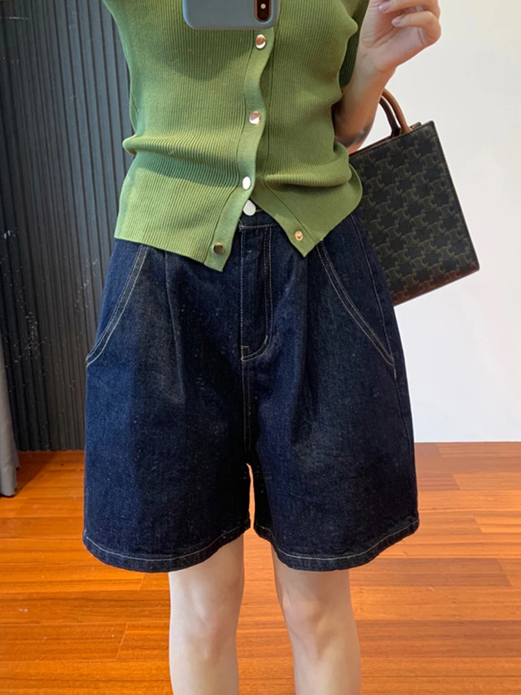 New Streetwear Women Wide Leg High Waist Retro Denim Shorts Spring Summer Female Button Loose Jeans Shorts Bottoms