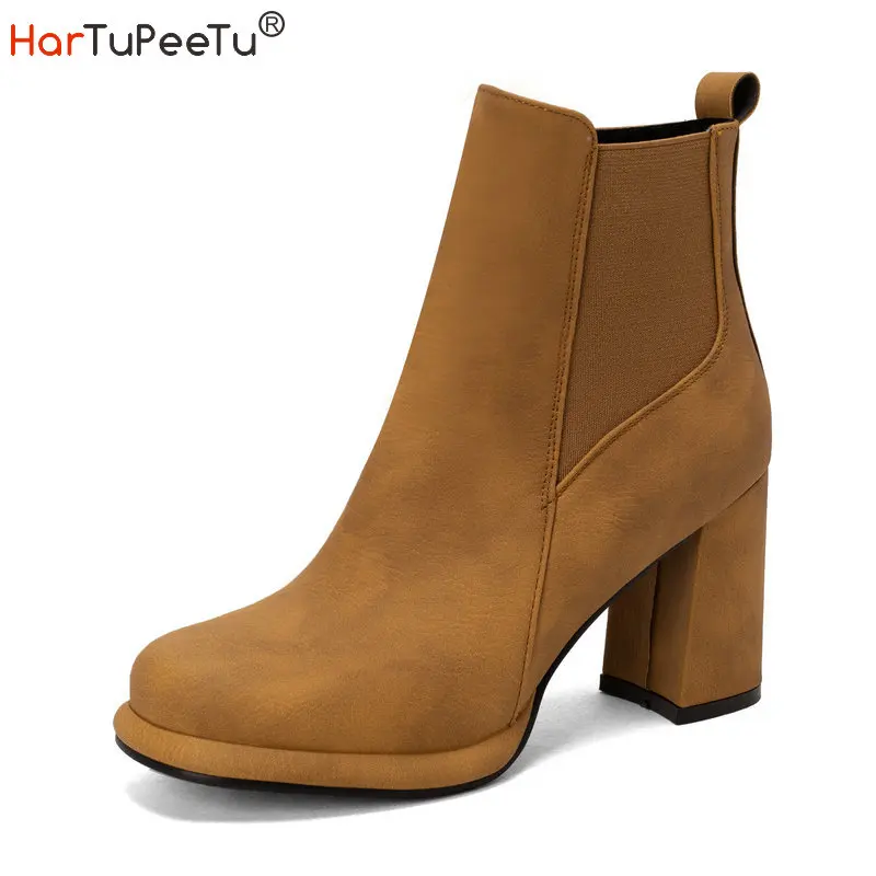 

Concise Chelsea Boots Women 2022 Autumn Winter Chunky High Heels 5 Colours Zip Comfy Soft PU Leather Shoes Size 34-48