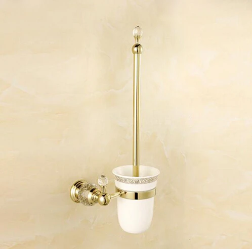

Настенный латунный и хрустальный держатель для туалетной щетки, керамическая чашка + белая Золотая щетка, аксессуары для ванной комнаты