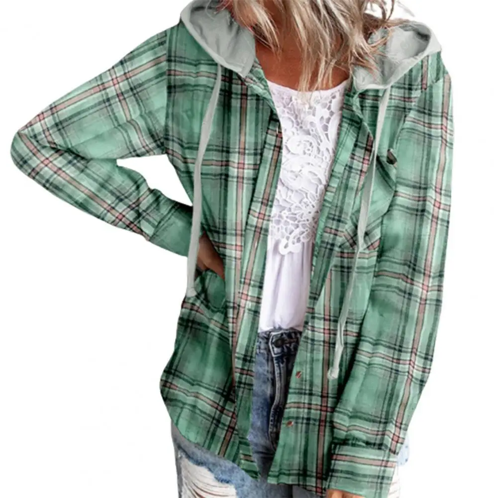 

Women Jacket Coat 2022 Spring Thin Plaid Single-breasted Hooded Pocket Spring Shirt Long Sleeves Blouse Shirt Female Clothing