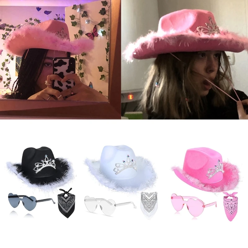 

Мерцающая розовая шляпа-заколка Розовая шляпа Тиара Бандана Ковбойская шляпа унисекс Ковбойская шляпа в стиле вестерн + бандана