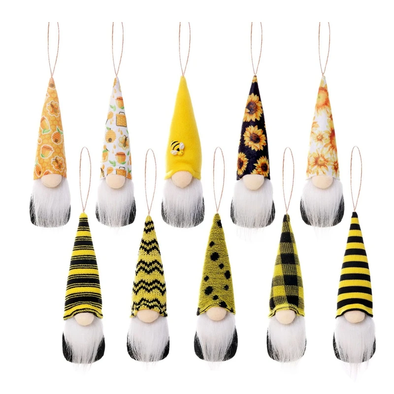 

Yellow Bee Hanging Gnome Ornaments Set Of 10, Handmade Swedish Honey Bee Elf World Bee Day Party Gift Summer Home Decor