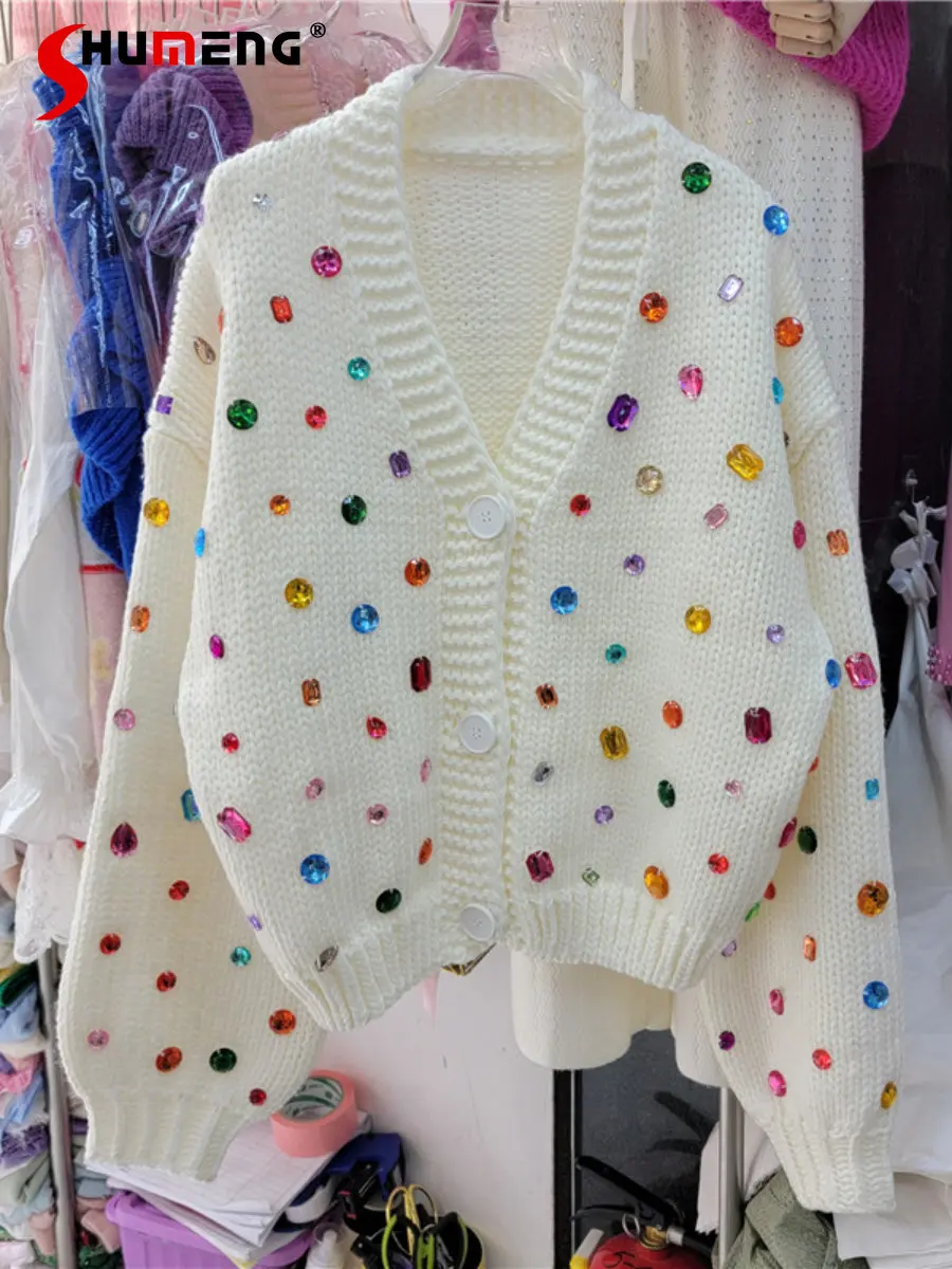 

Женский кардиган с V-образным вырезом, осенне-зимний простой свободный трикотажный кардиган с бриллиантами, 2022