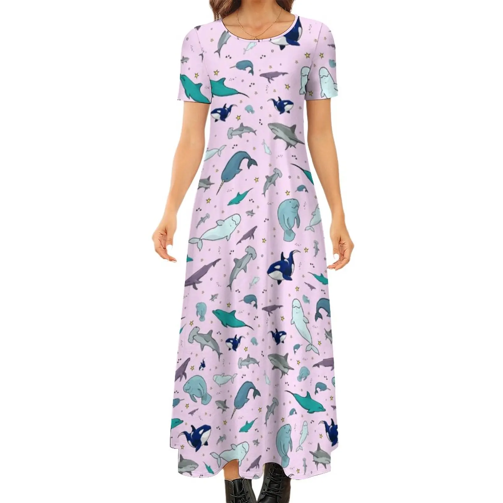 

Funky Shark Dress Cute Ocean Life Pattern Kawaii Maxi Dress Print Bohemia Long Dresses Short Sleeve Street Wear Big Size 6XL