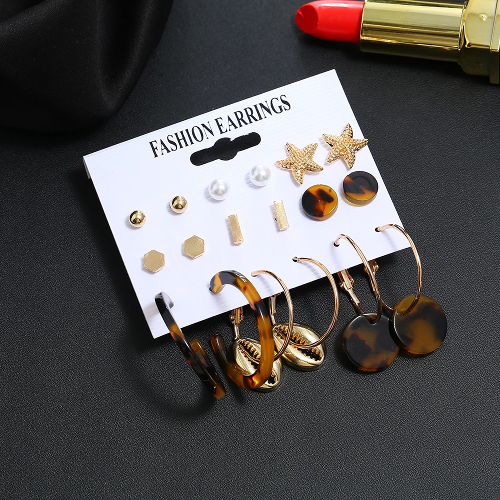 Модные геометрические серьги-гвоздики с искусственным жемчугом и морскими