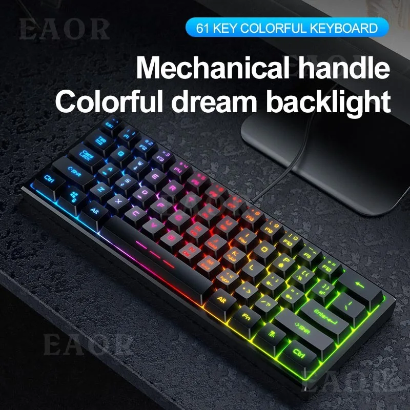 

EAOR 61-клавишная мини-клавиатура RGB мерцающая игровая клавиатура с подсветкой USB проводная механическая клавиатура для ноутбука, настольного ...