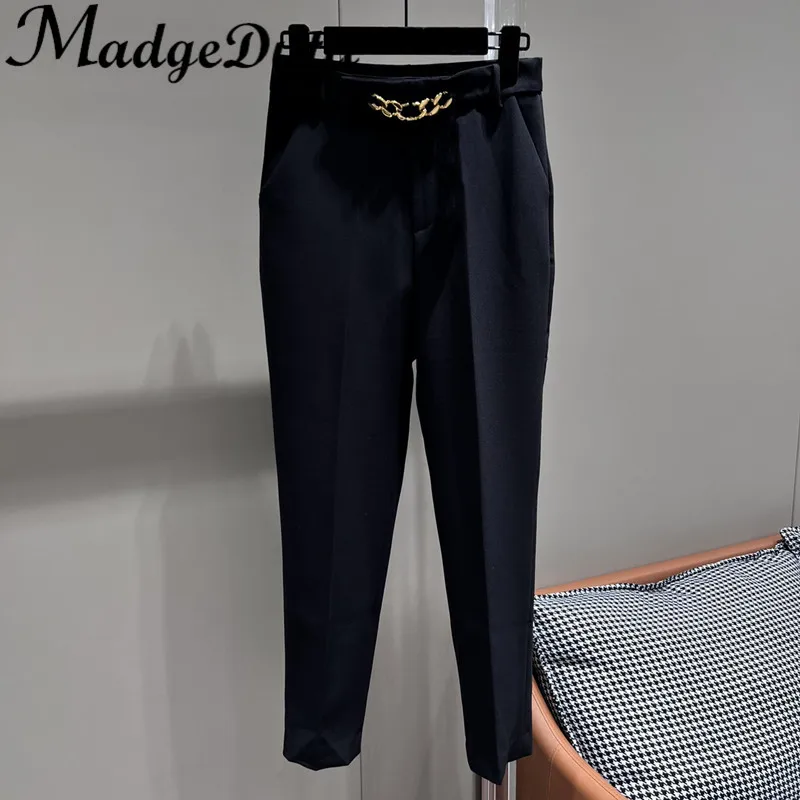 12.20 MadgeDutti 2023 Spring New Metal Letter Chain Decoration Wool Blend Straight Pants Women