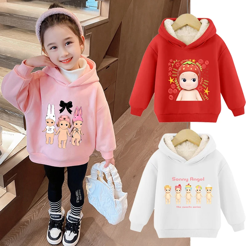 Sonny Angel Kids Hooded Sweatshirts Anime Printed Figures with Fleece Hoodies Winter Thickening Pullover Warm Children Clothing