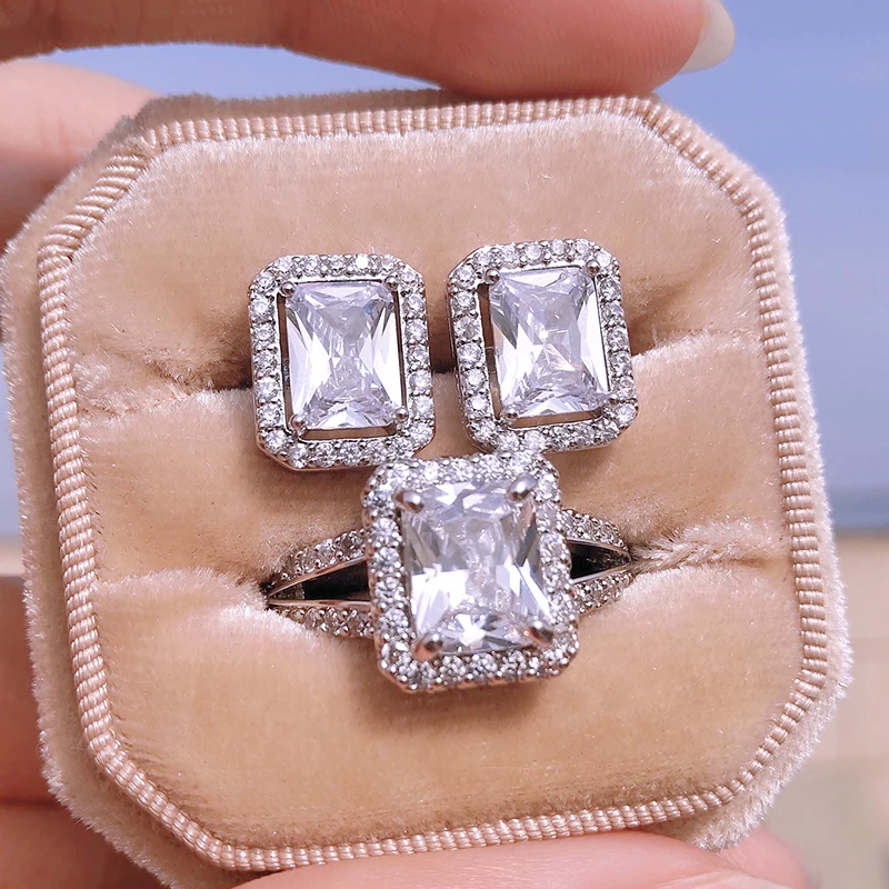 

UILZ Luxury Silver Color Square CZ Jewelry Set for Wedding Women Grace Dubai Rings Stud Earrings Party Gift Jewlery In Bulk