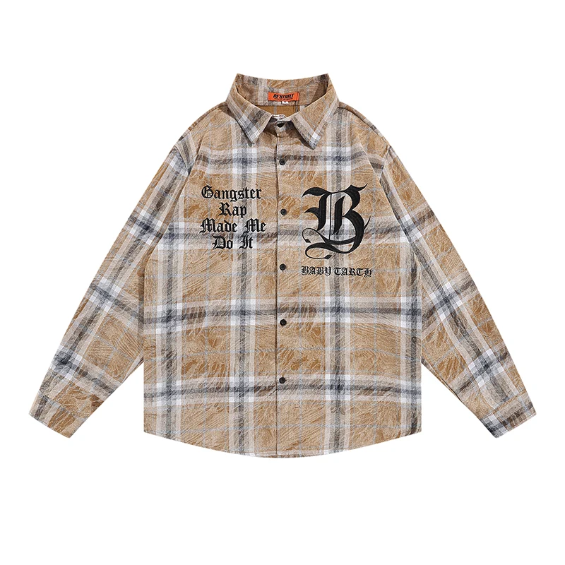 

High Street Letter Embroidery Plaid Shirts Mens and Womens Lapel Color Match Retro Loose Oversized Single Breasted Casual Tops