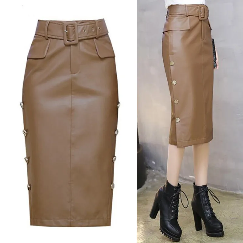 

Autumn Winter Female Buttons Split Black PU Leather Pencil Skirts Women Slim High Waist Midi Skirt Jupe Crayon