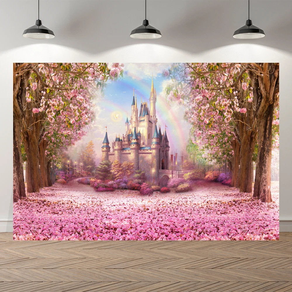 

Nitree Spring Pink Sakura Fairy Tale Castle Birthday Banner Children Photocall Backgrounds Photo Studio Photography Backdrop