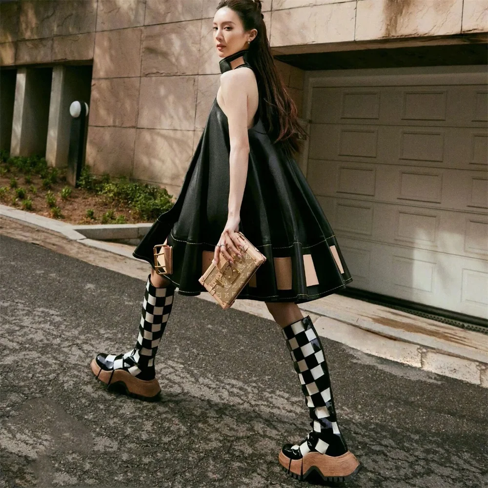 Women Black White Leather Chelsea Boots Platform Zipper Lattice Designer Knee High Boots 2023 New Round Toe Thick Sole Shoes