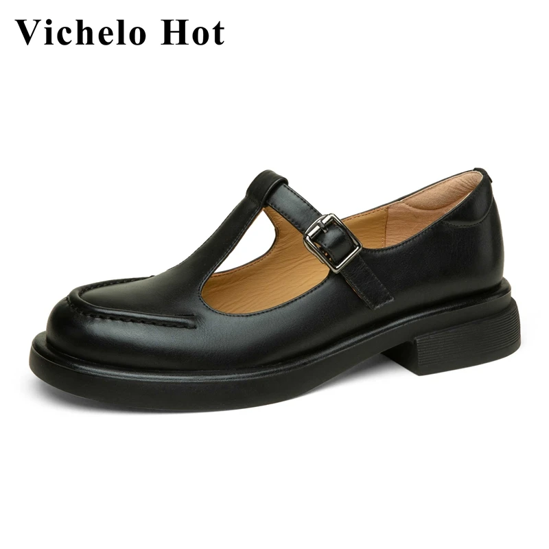 

Vichelo Hot limited customization genuine leather round toe med heel British style retro fashion buckle strap women pumps L15