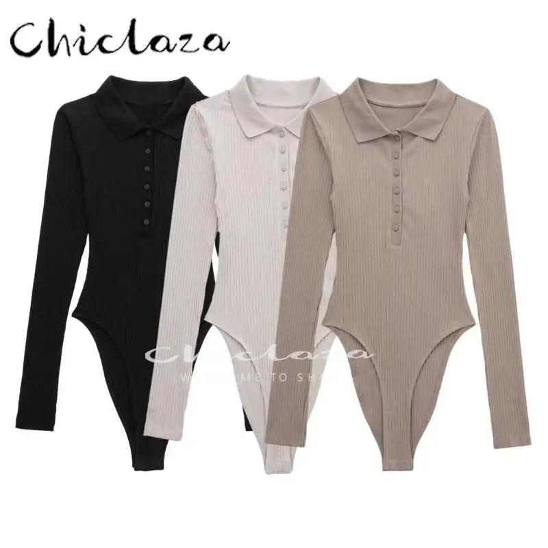 

CHICLAZA 2022 Autumn Winter Women Casual POLO Collar Slim Solid Color Long Sleeve Knitting Jumpsuits Female