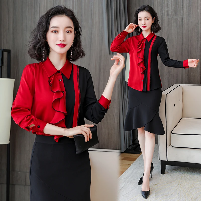 

Satin Loose Women's Blouse New Fashion Summer Long Sleeve Polo Shirt Splicing Spring Female Clothes Houthion