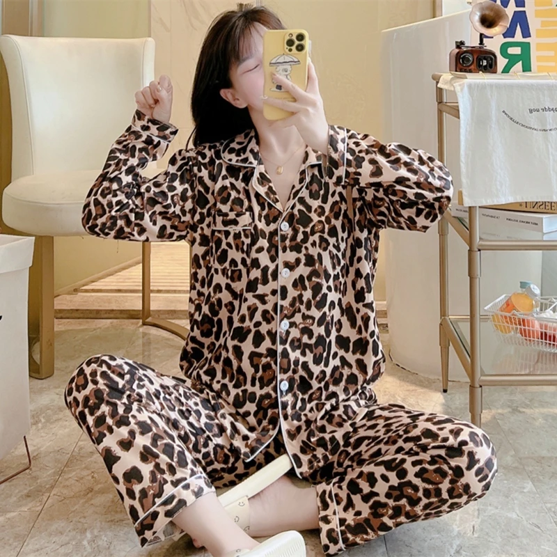 Autumn milk silk leopard print ladies pajamas long-sleeved cardigan small lapel Korean pajamas women's 2-piece home service
