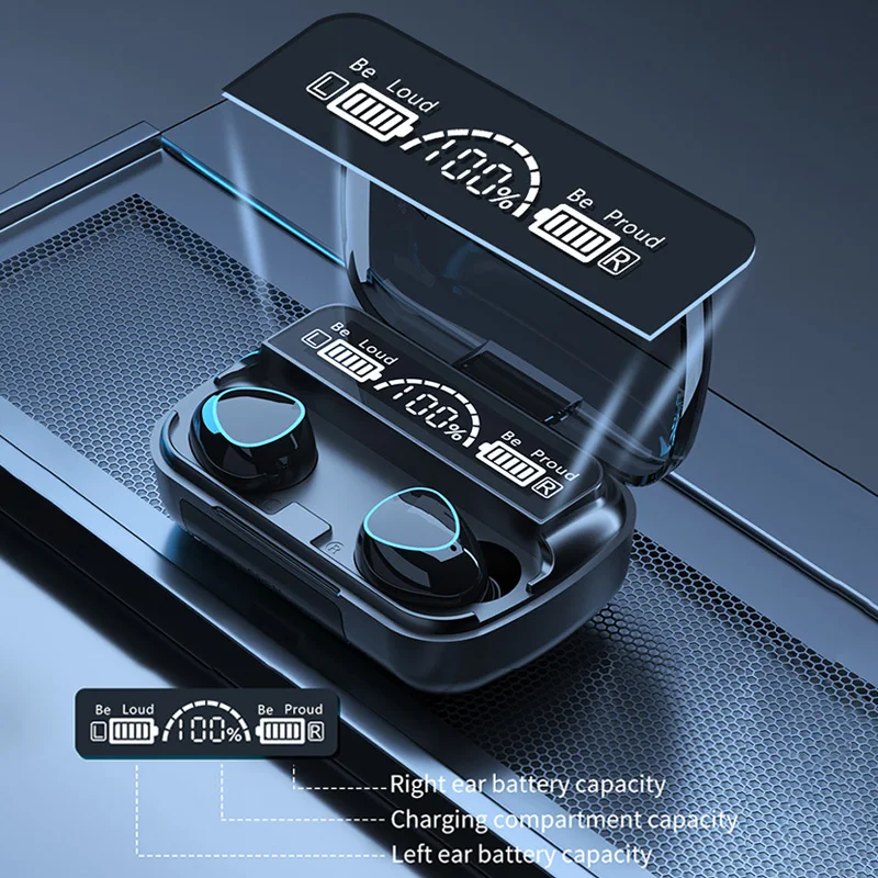 Фото M10 TWS Fone Bluetooth наушники с микрофоном, наушники-вкладыши 3000 мАч, зарядное устройство, беспроводные наушники, беспроводная гарнитура Bluetooth с дисплеем №3