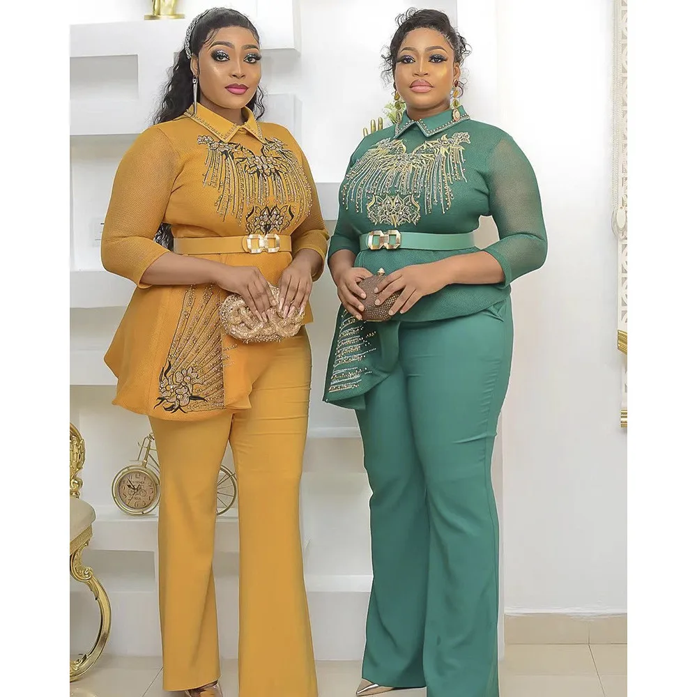 

Plus Size Beads WOmen Tops Pants Set Two Piece African Dresses Tracksuit Dashiki Ankara Outfits Dubai Kaftan Abaya Co ord Suit