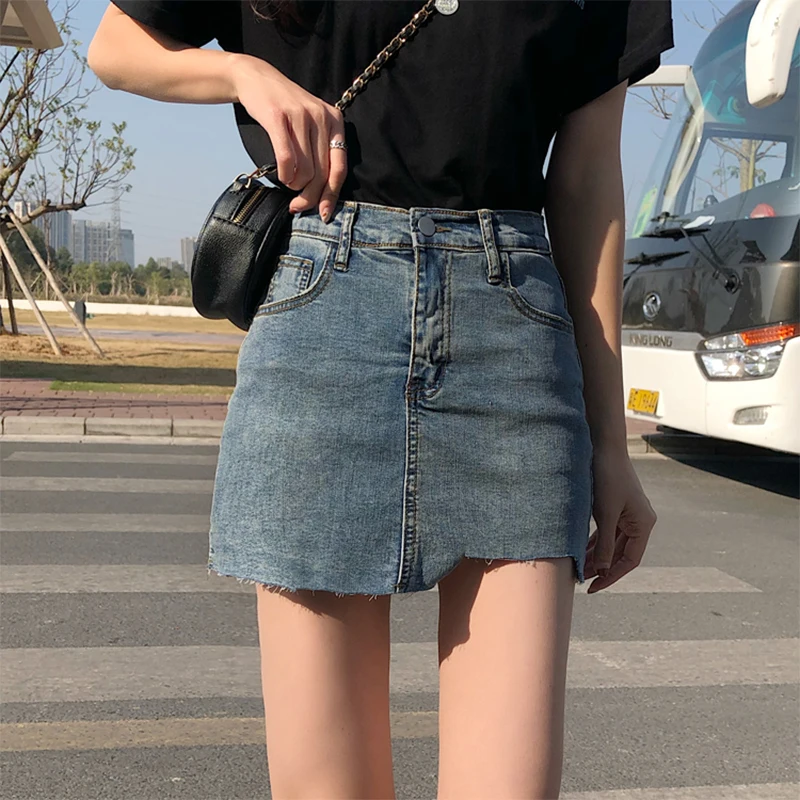 Loose Denim Short Skirt Women's Summer Blue Elastic Anti aliasing Skirt Pants Korean High Waist Washed Old Wrap Hip Notch