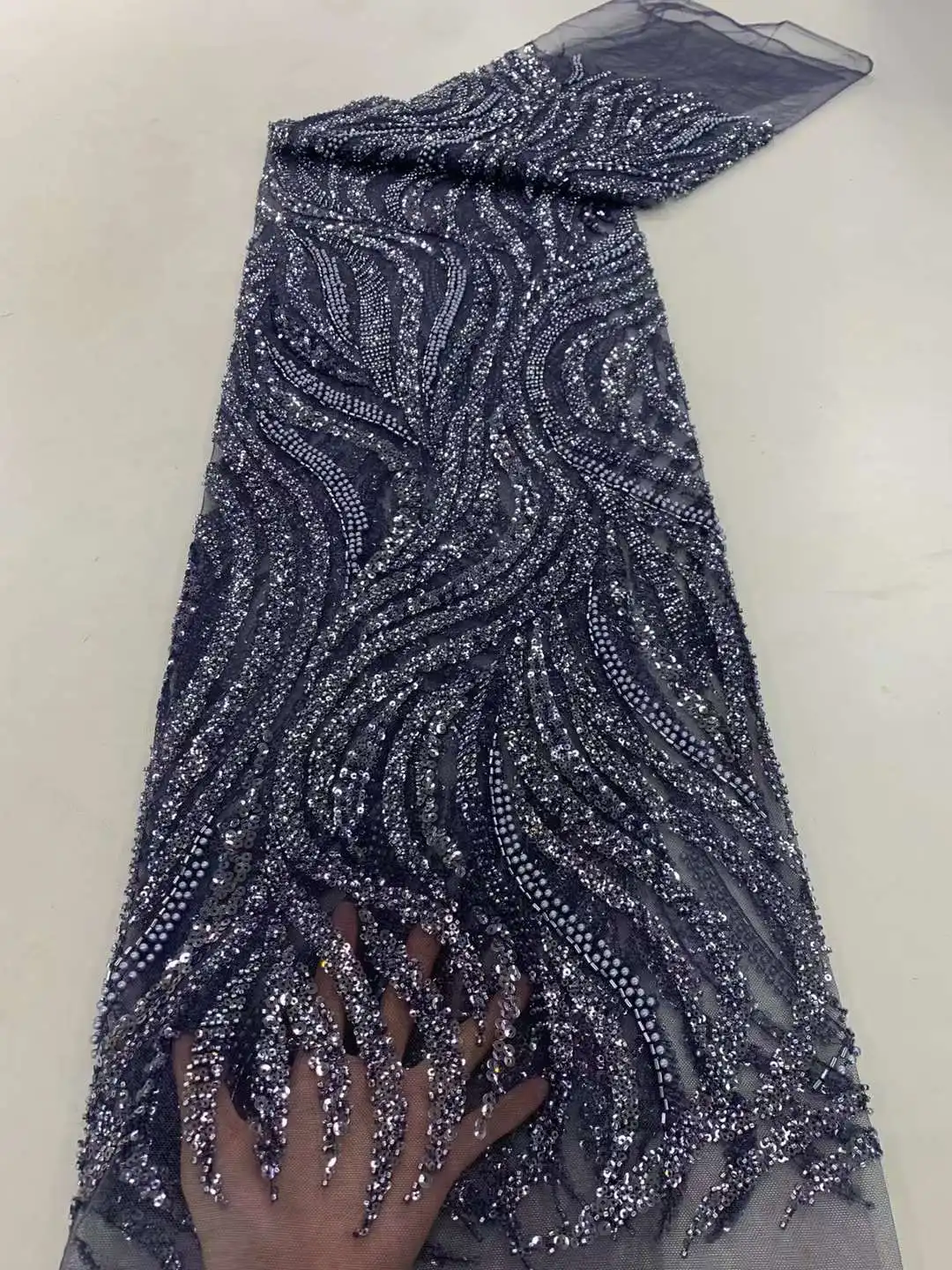 

5 ярдов, роскошная кружевная ткань ручной работы с бусинами, тяжелая вышивка блестками, модная французская фотография для свадьбы ZX