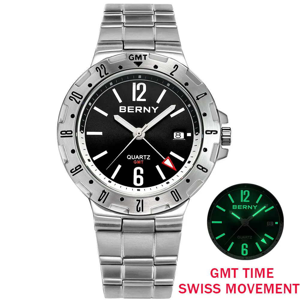 

BERNY Quartz Wristwatch Waterproof Stainless Steel Military Man Clock SWISS MOVT GMT Watch for Men Super Luminous Luxury Sports