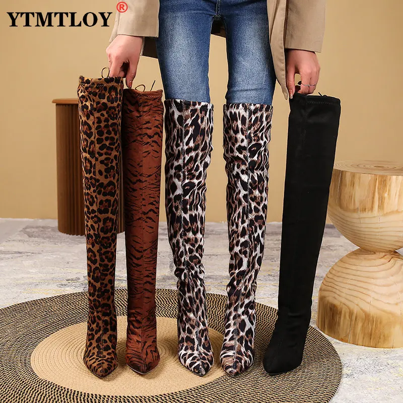 Ladies Fashion Leopard Print Over Knee Boots Autumn Winter High Boots Pointed Toe Stretch Fabric Ladies High Heels Bottes Femme