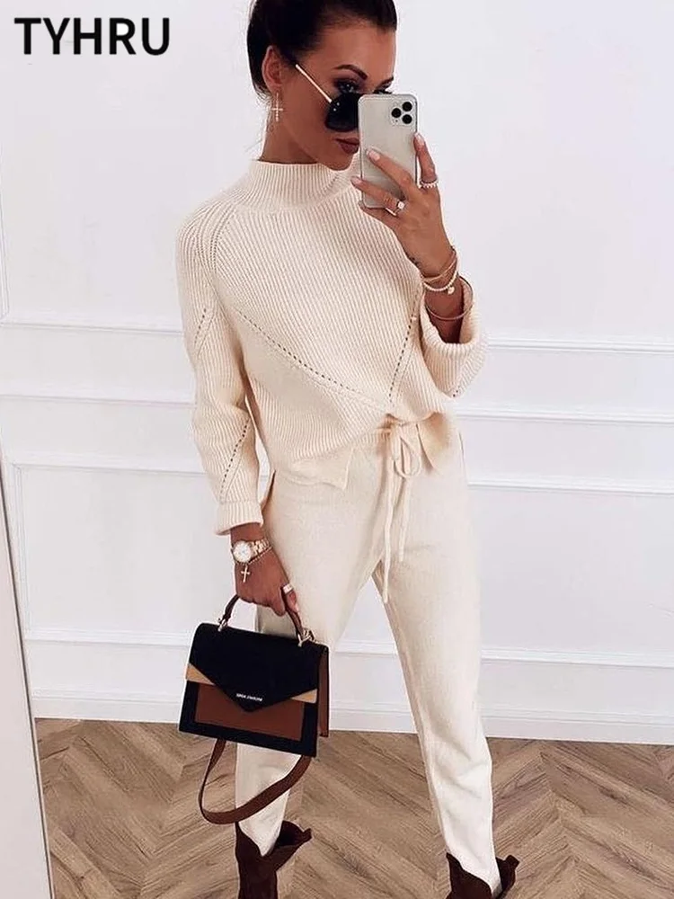 

TYHRU Autumn Winter Women Sweater Tracksuit Leisure Hemp Flower Half-High Collar Pullover+Knitted Trousers Suits 2-piece Set