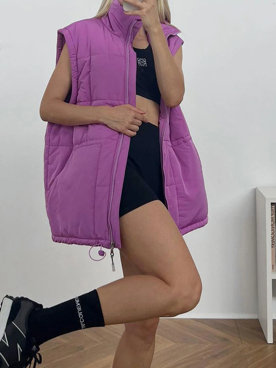 

Женская зимняя куртка без рукавов, однотонный жилет на молнии и с воротником-стойкой, стеганое легкое Свободное пальто, повседневная одежда