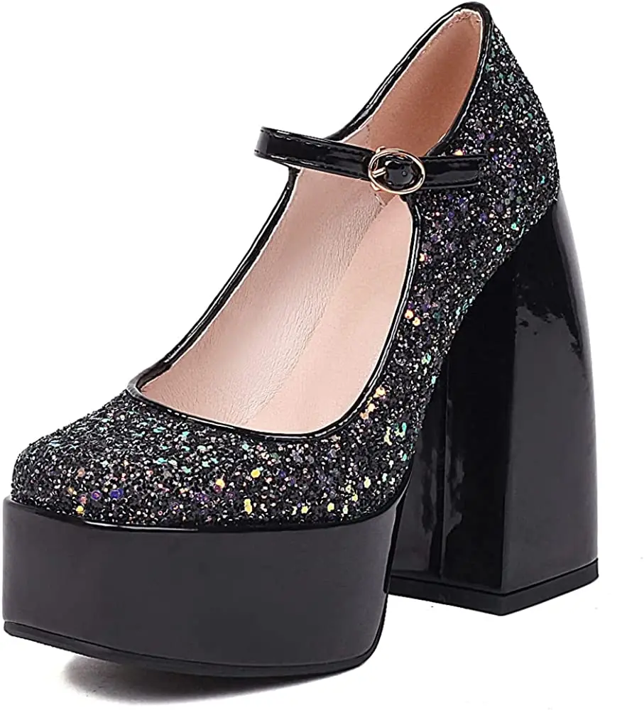 

Women's Square Toe Sequin Bling Platform Mary Jane Pumps Block Chunky High Heel Ankle Strap Closed Toe Sexy Party Dress Shoes