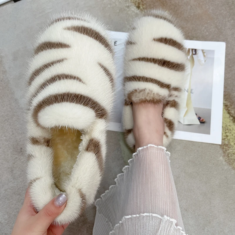 

Лоферы из меха норки, женская обувь из пушистого хлопка на плоской подошве, 2022 мягкая обувь для беременных, домашняя обувь с пушистым закрыт...