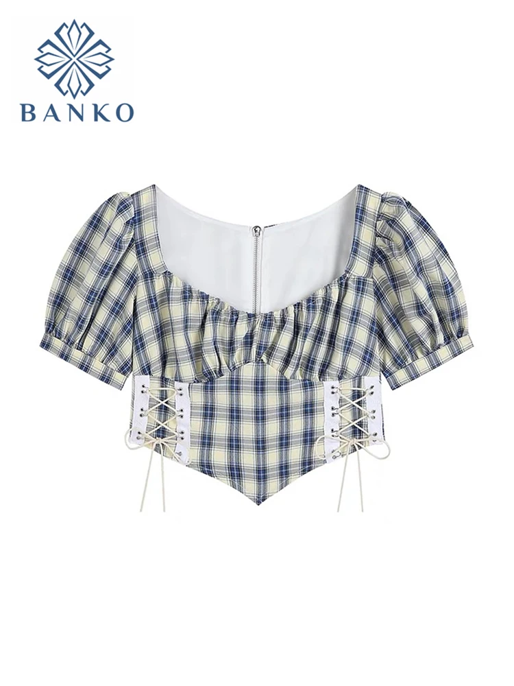 

2022 Women Crop Tops Chic Bandage Lattice Corset Shirts Short Sleeve Square Collar Party Club Female Sexy Irregular Slim Shirts