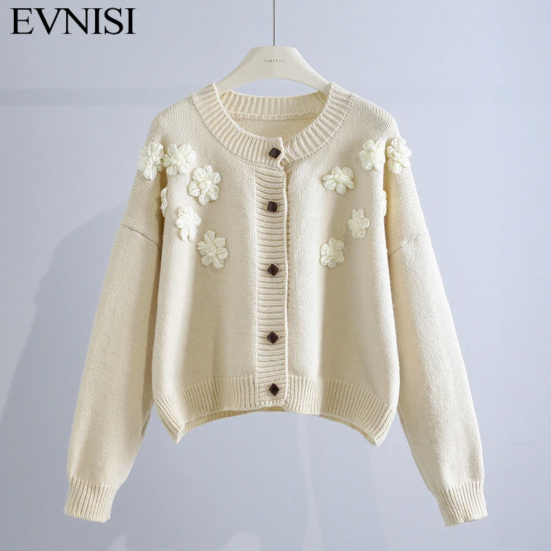 

EVNISI Vintage Style Stereoscopic Flower Women Cashmere Warm Sweater Cardigan Knitting Long Sleeve Sweater Women Jumpers Winter