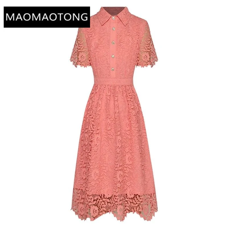 

Женское платье с отложным воротником, подиумное винтажное ажурное платье с коротким рукавом, пуговицами и кристаллами, лето 2023