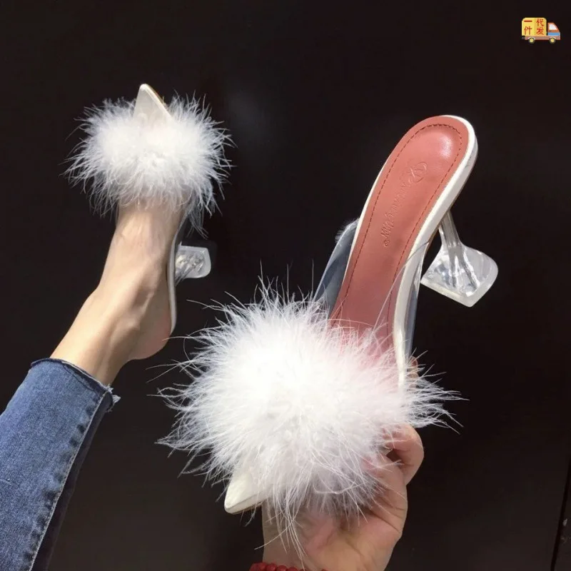

2022 Women Furry Sandals Sexy Open Toe Summer High-Heeled Sandals Ladies Shoes Pointed Tip Banquet High Heel Large Size 35~43