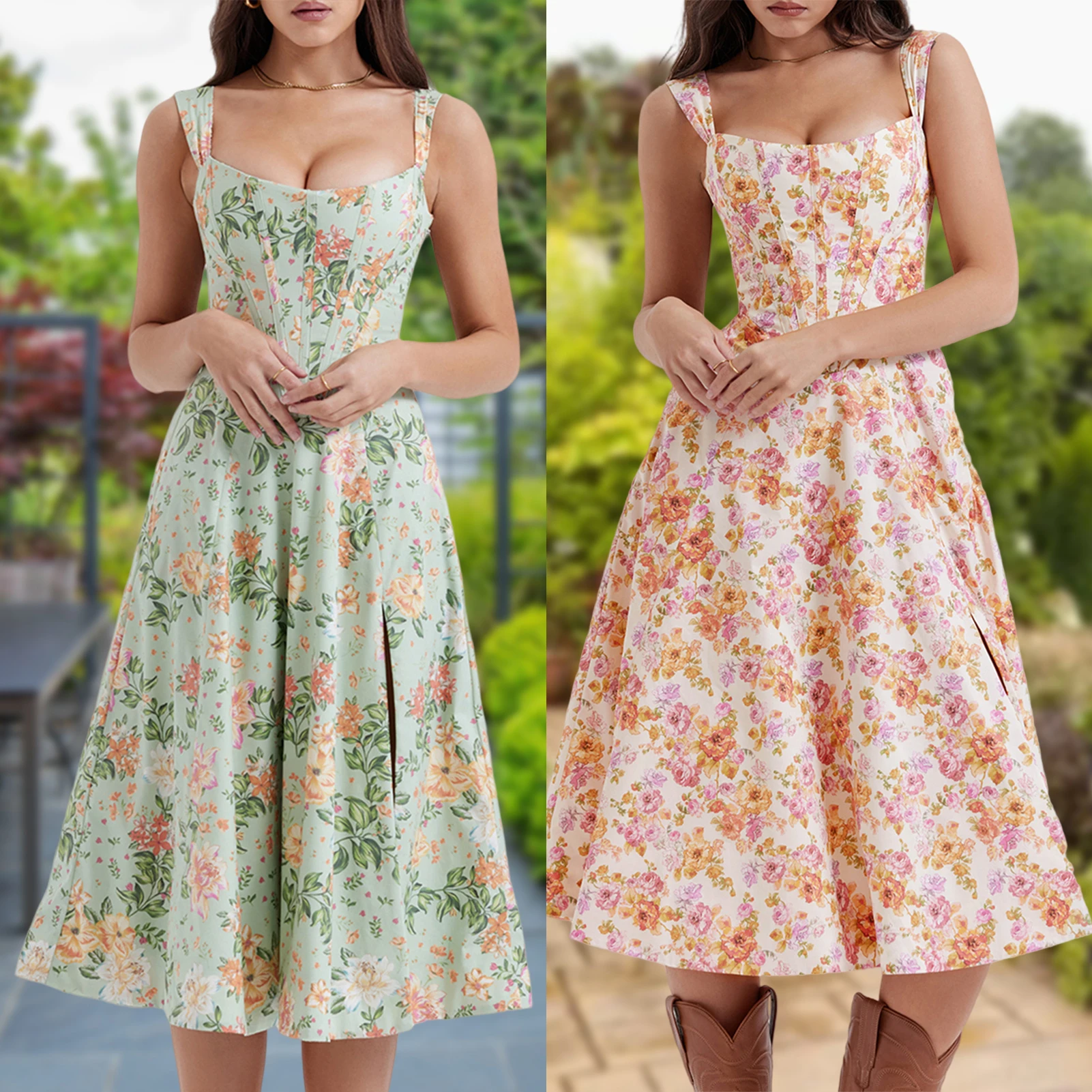 

Ladies Summer Midi Dress Side Split Floral Print Waisted Tunic Dress Boho Style Sexy Pastoral Style Cocktail Party Outfit