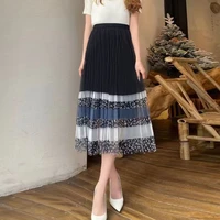korean fashion printing stitching a word high waist leopard print contrast color mid length pleated harajuku skirt