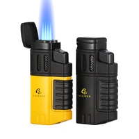 butane gas lighter tobacco windproof 4 jet blue flame torch cigarette lighters smoking plastic cigar lighter luxury