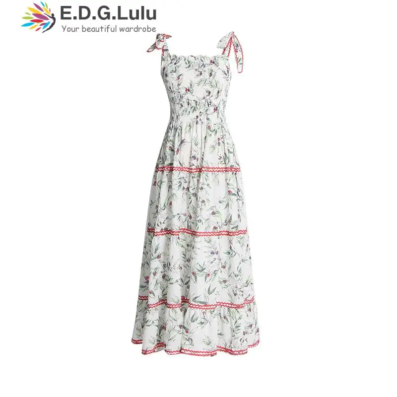 

EDGLuLu Women New Lace-up Spaghetti Strap Floral Sexy Dress Sweet Girls Party Vestido Vintage Slim Chic Casual Summer Dress0609