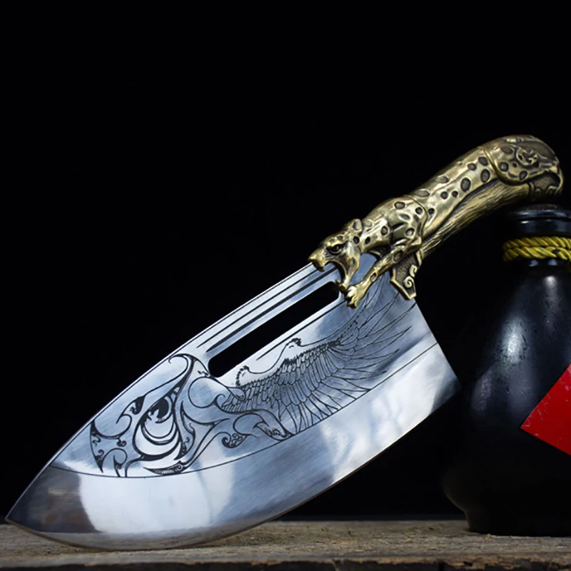 

9-дюймовый кухонный нож Longquan, медная леопардовая ручка, ручная работа, кузница, мясник, мачете, измельчитель, топорик, нож, костяшки