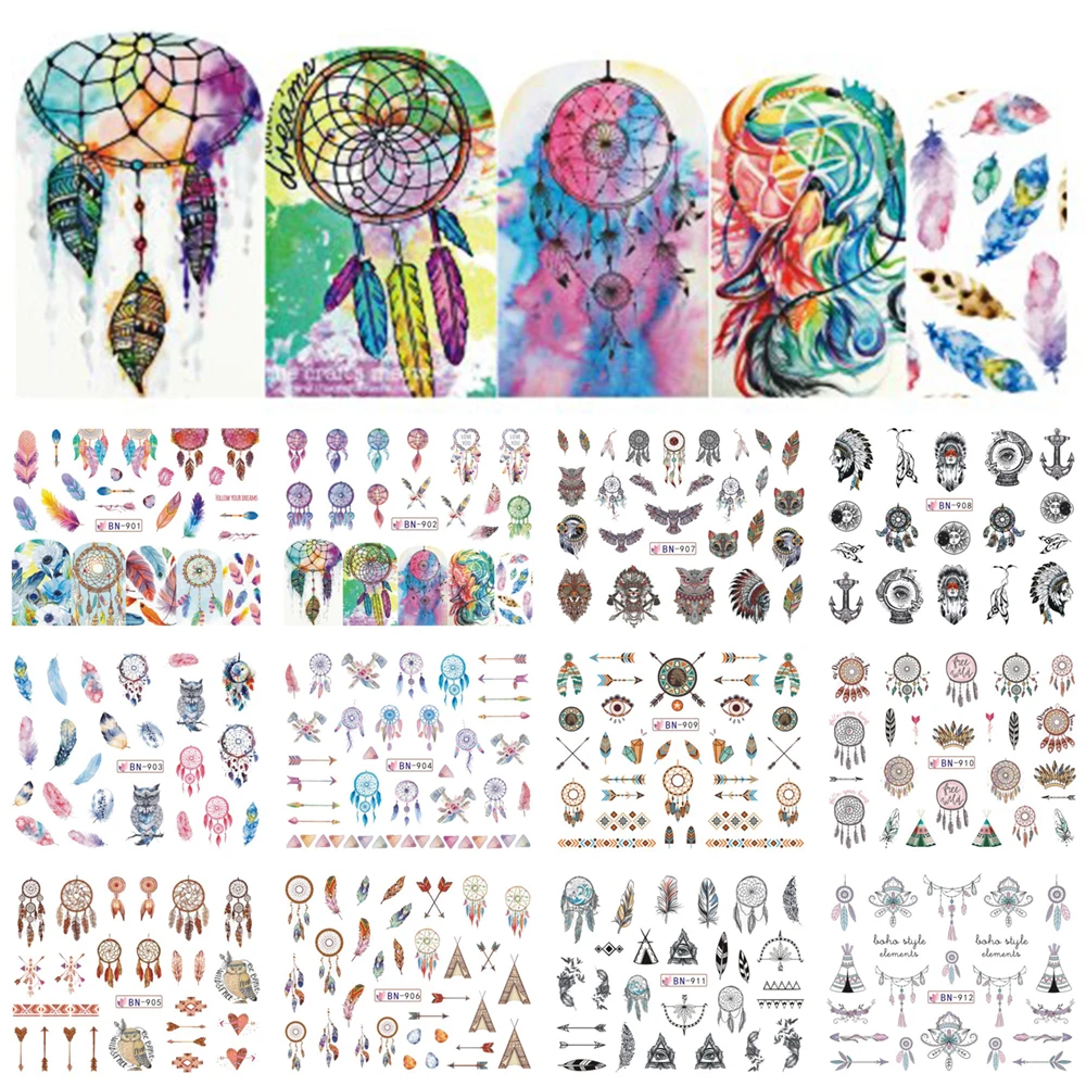 12 Designs Colorful Nail Water Decals Slider Dream Catcher Feather Harajuku Owl Nail Wraps Tattoo Decoration Access BEBN901-912