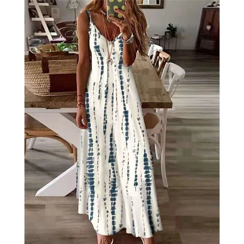 

2022 New High Street Tie Dye Dress Sexy Spaghetti Strap V Neck Long Dresses Women Summer Beach Dresses Party Tunic Robe Femme